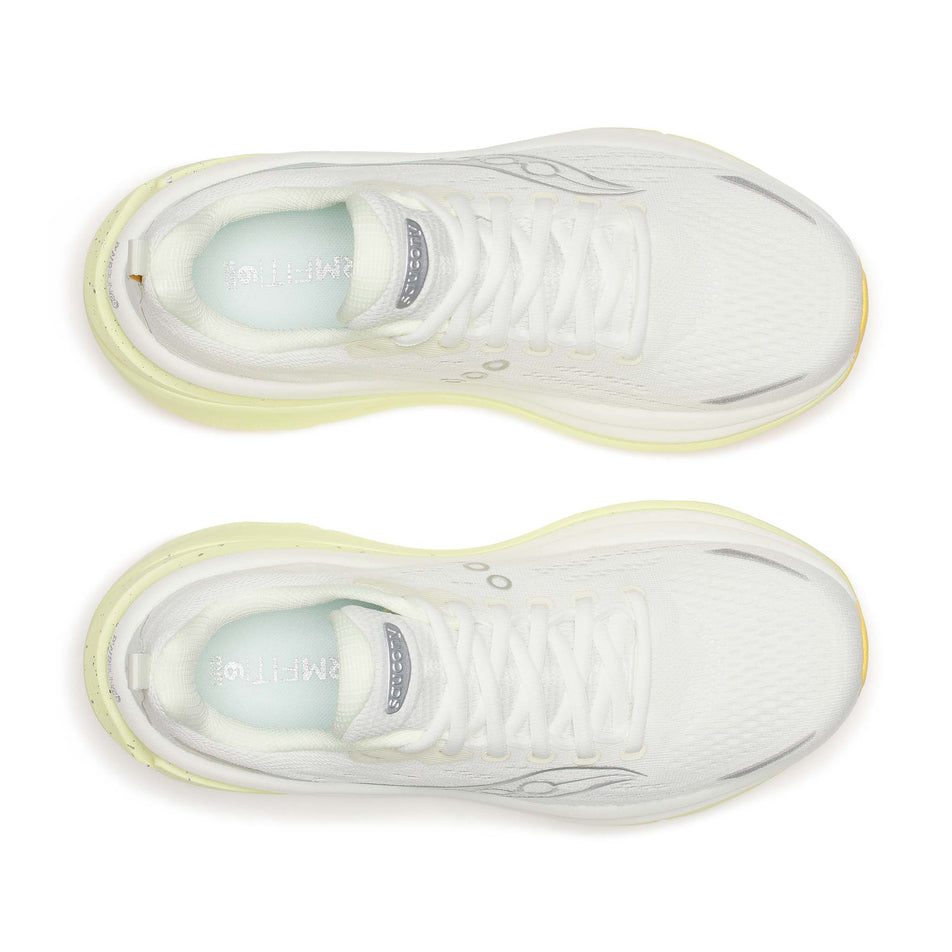 The uppers of a pair of Saucony Women's Hurricane 25 Running Shoes in the Ivory/Tender colourway.