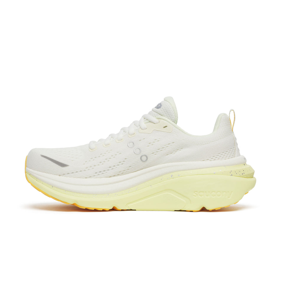 Medial view of the right shoe from a pair of Saucony Women's Hurricane 25 Running Shoes in the Ivory/Tender colourway.