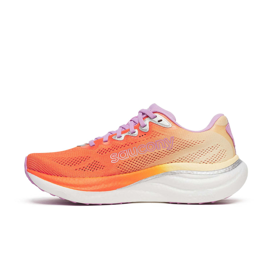 Medial view of the right shoe from a pair of Saucony Women's Ride 19 Running Shoes in the Fire/Orchid colourway.