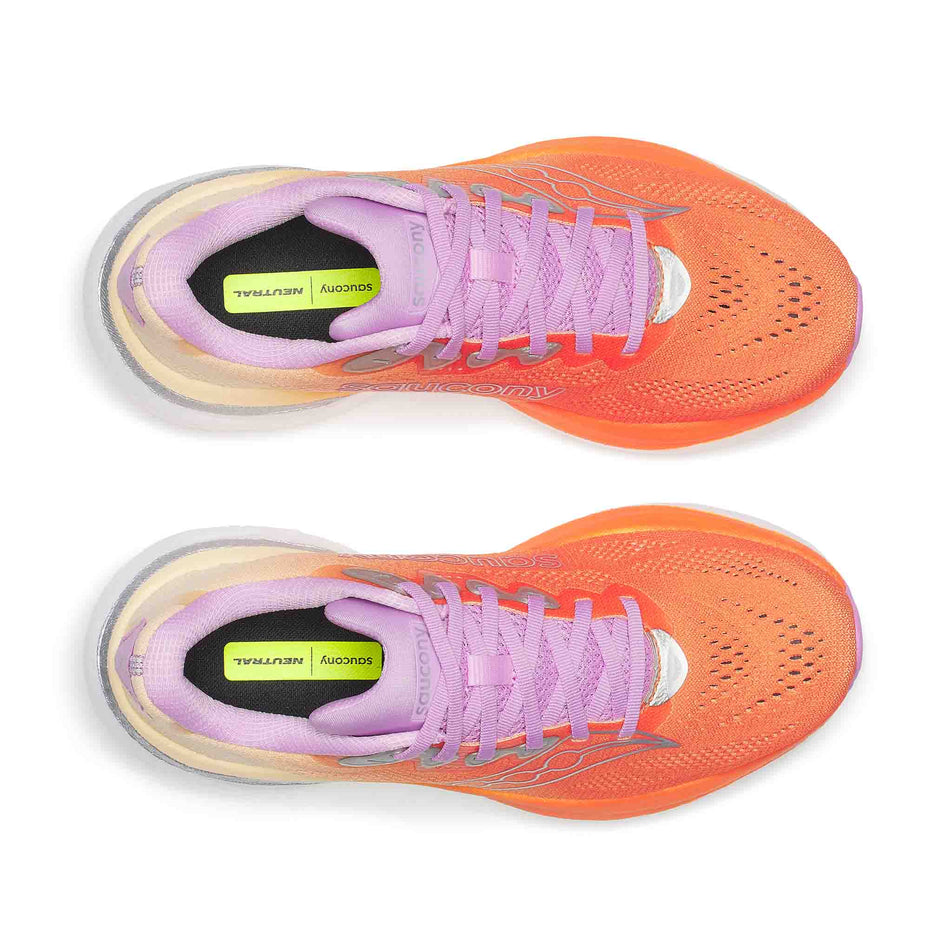 The uppers of a pair of Saucony Women's Ride 19 Running Shoes in the Fire/Orchid colourway.