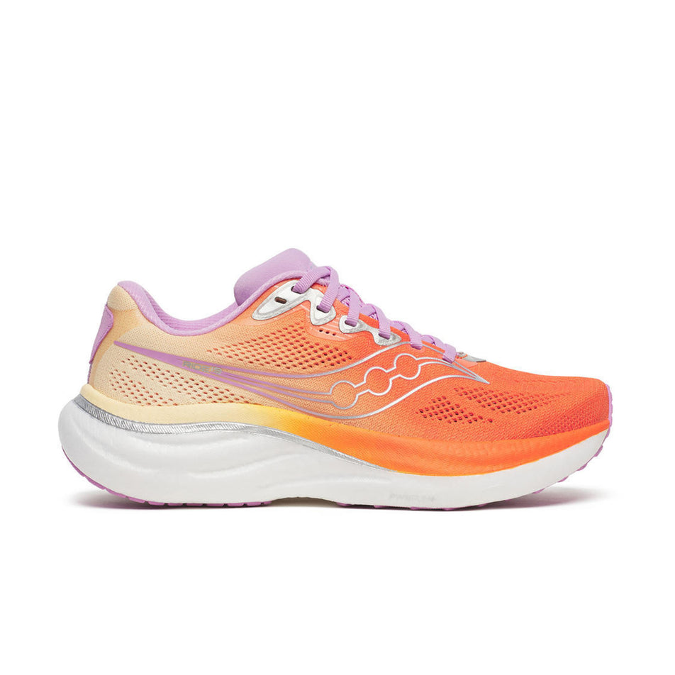Lateral view of the right shoe from a pair of Saucony Women's Ride 19 Running Shoes in the Fire/Orchid colourway.