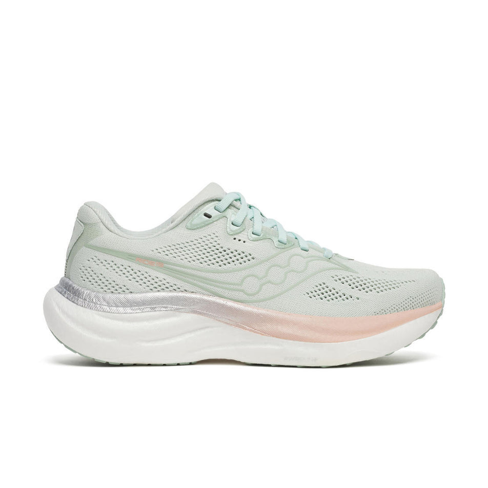 Lateral view of the right shoe from a pair of Saucony Women's Ride 19 Running Shoes in the Mist/Cameo colourway.