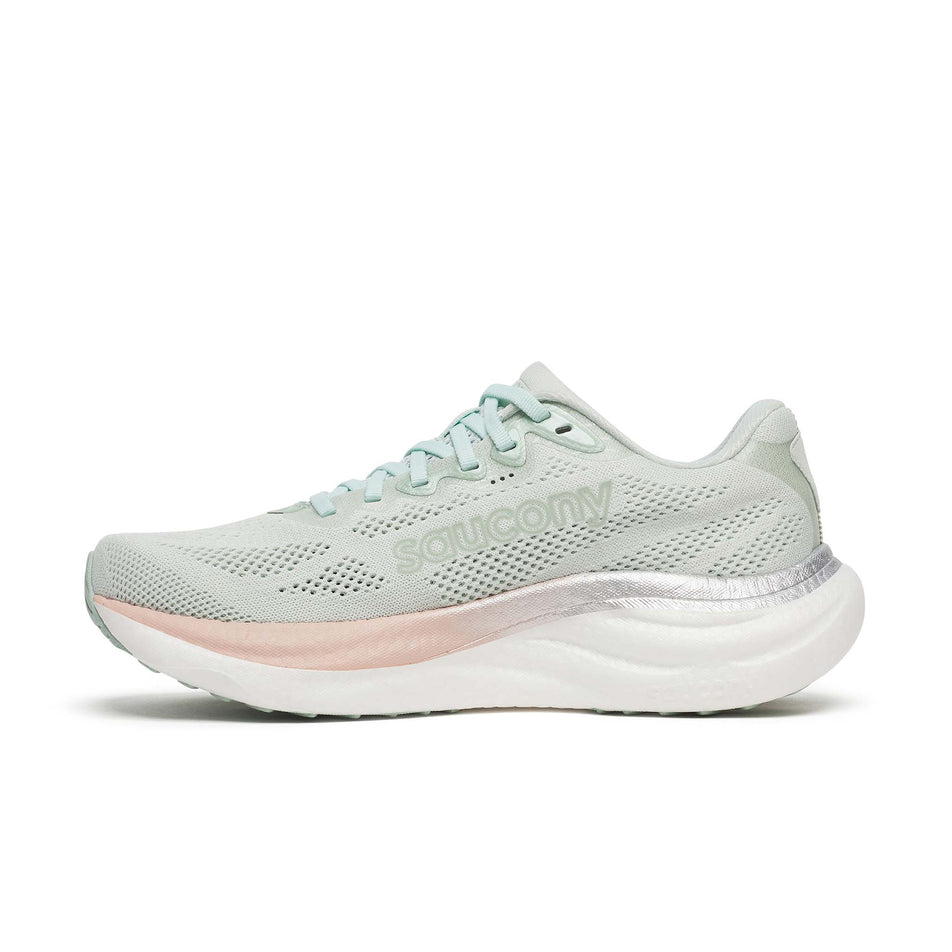 Medial view of the right shoe from a pair of Saucony Women's Ride 19 Running Shoes in the Mist/Cameo colourway.