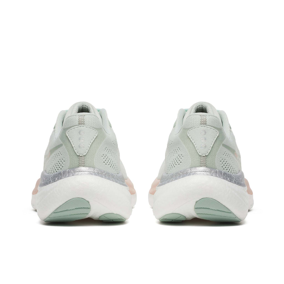 The back of a pair of Saucony Women's Ride 19 Running Shoes in the Mist/Cameo colourway.