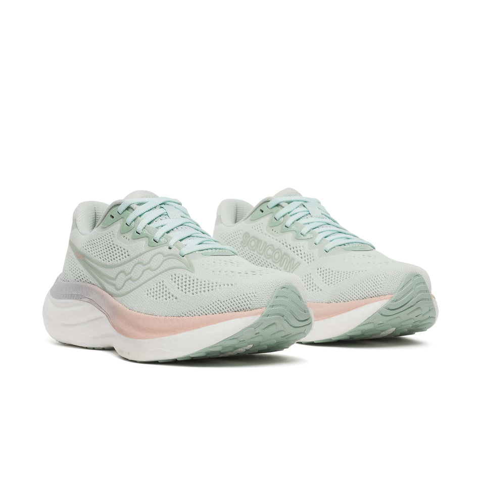 A pair of Saucony Women's Ride 19 Running Shoes in the Mist/Cameo colourway.