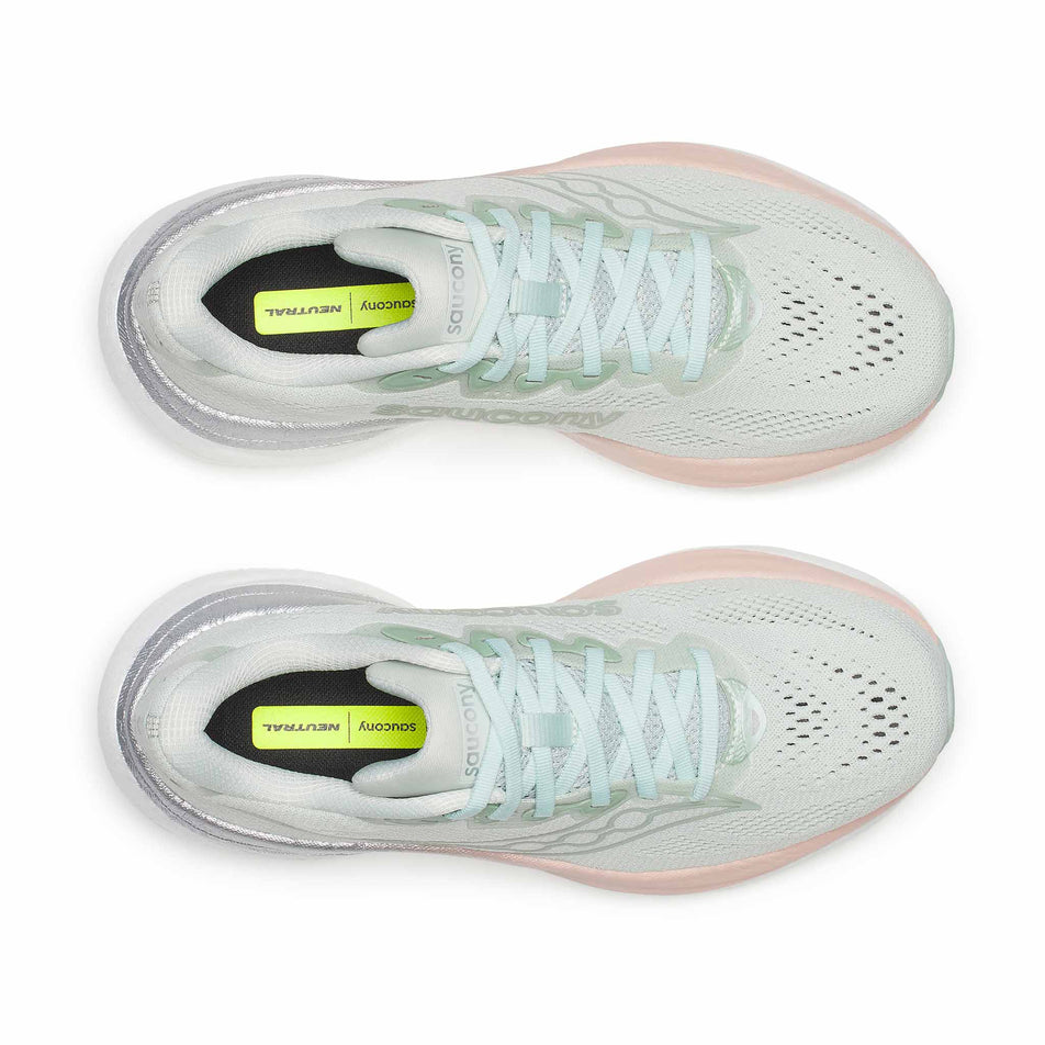 The uppers of a pair of Saucony Women's Ride 19 Running Shoes in the Mist/Cameo colourway.