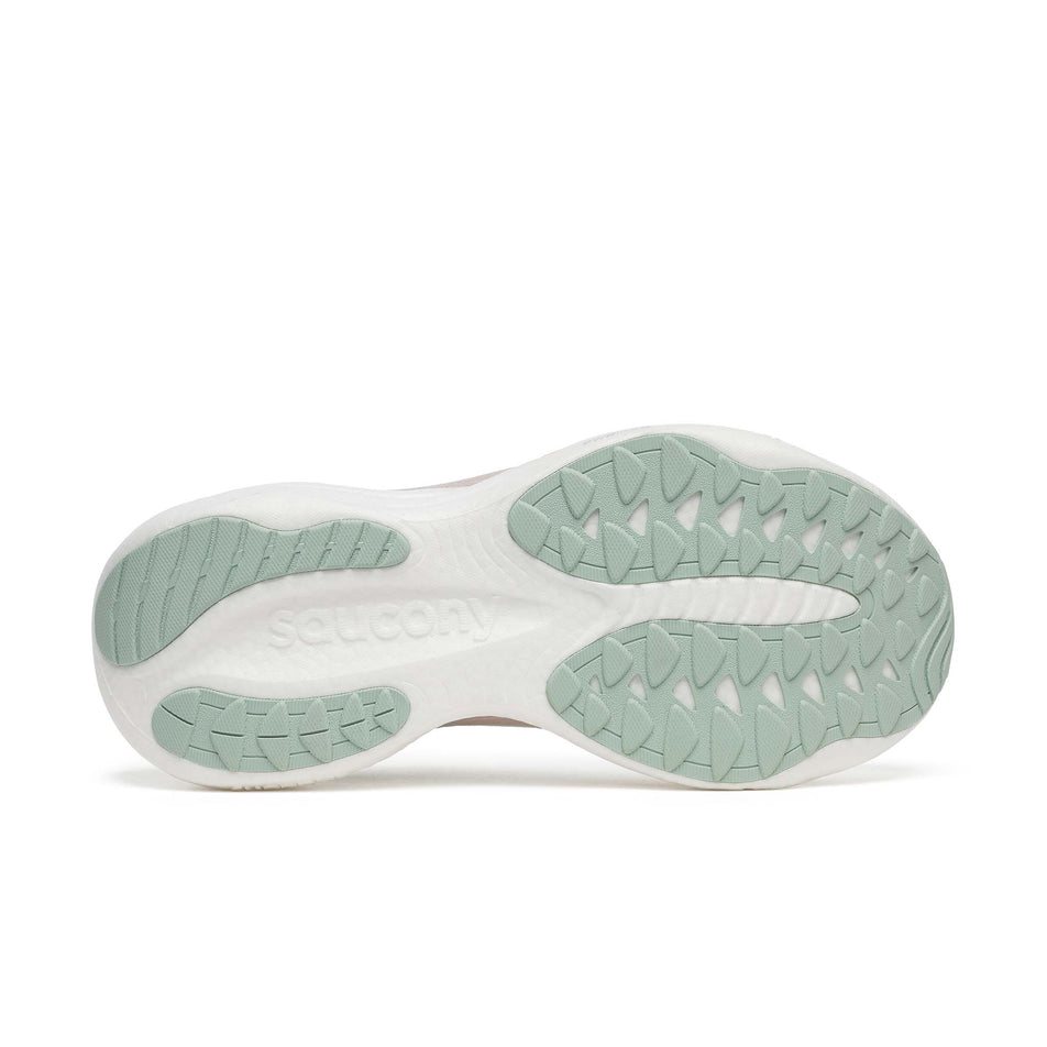 The outsole of the right shoe from a pair of Saucony Women's Ride 19 Running Shoes in the Mist/Cameo colourway.