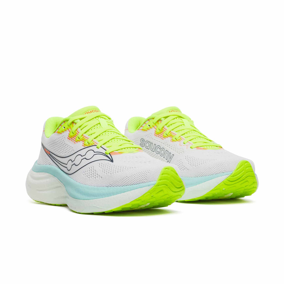 A pair of Saucony Women's Ride 19 Running Shoes in the White/Splash colourway.