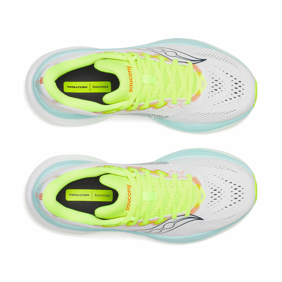 The uppers of a pair of Saucony Women's Ride 19 Running Shoes in the White/Splash colourway.