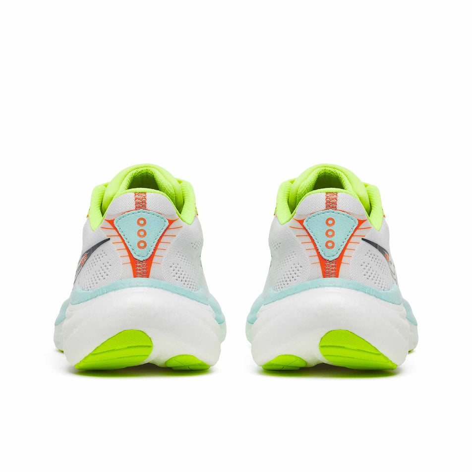 The back of a pair of Saucony Women's Ride 19 Running Shoes in the White/Splash colourway.
