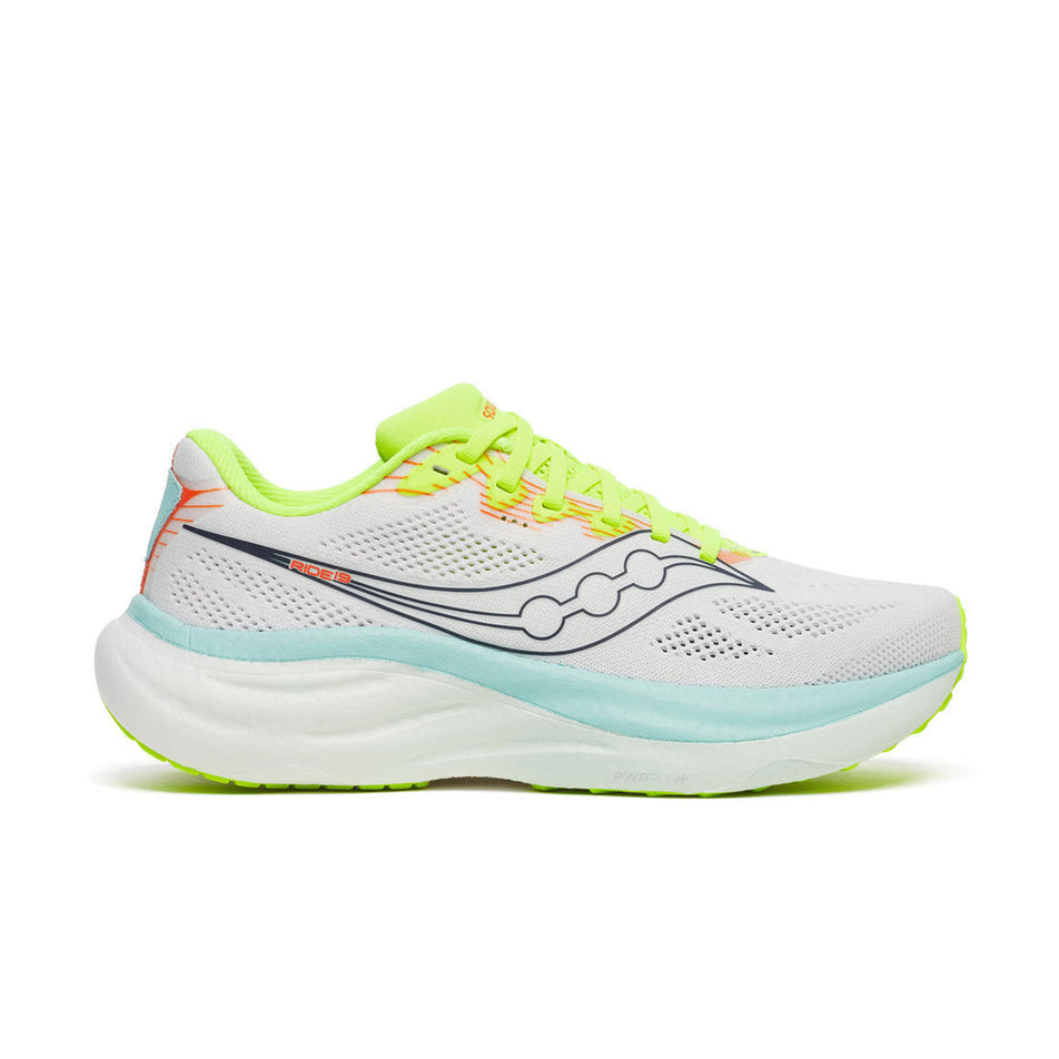 Lateral view of the right shoe from a pair of Saucony Women's Ride 19 Running Shoes in the White/Splash colourway.