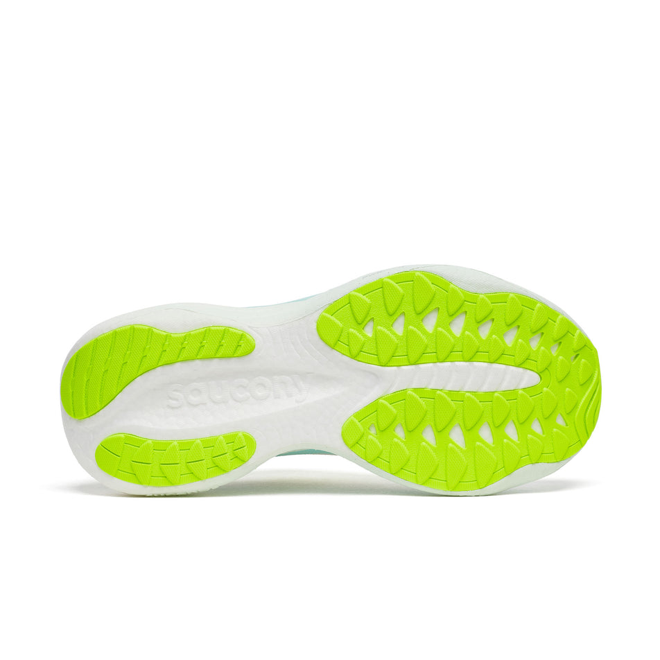 The outsole of the right shoe from a pair of Saucony Women's Ride 19 Running Shoes in the White/Splash colourway.