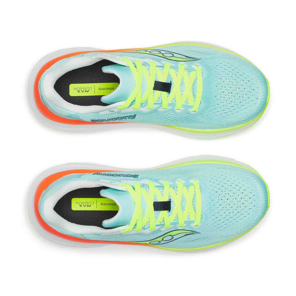 The uppers of a pair of Saucony Women's Guide 19 Running Shoes in the Splash/Citron colourway.
