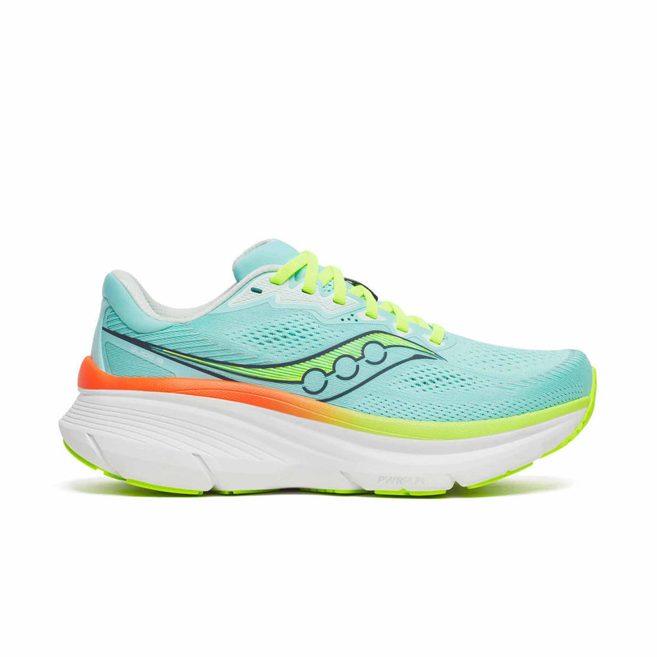 Lateral view of the right shoe from a pair of Saucony Women's Guide 19 Running Shoes in the Splash/Citron colourway.