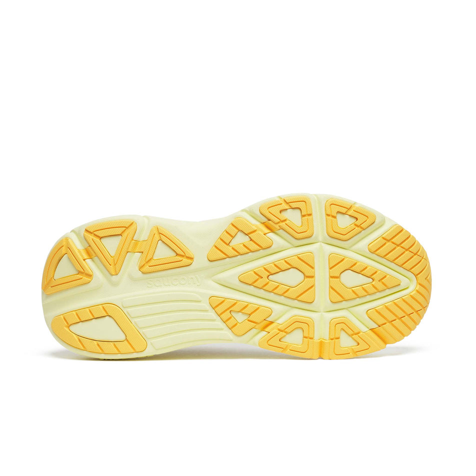 The outsole of the right shoe from a pair of Saucony Women's Guide 19 Running Shoes in the Ivory/Tender colourway.