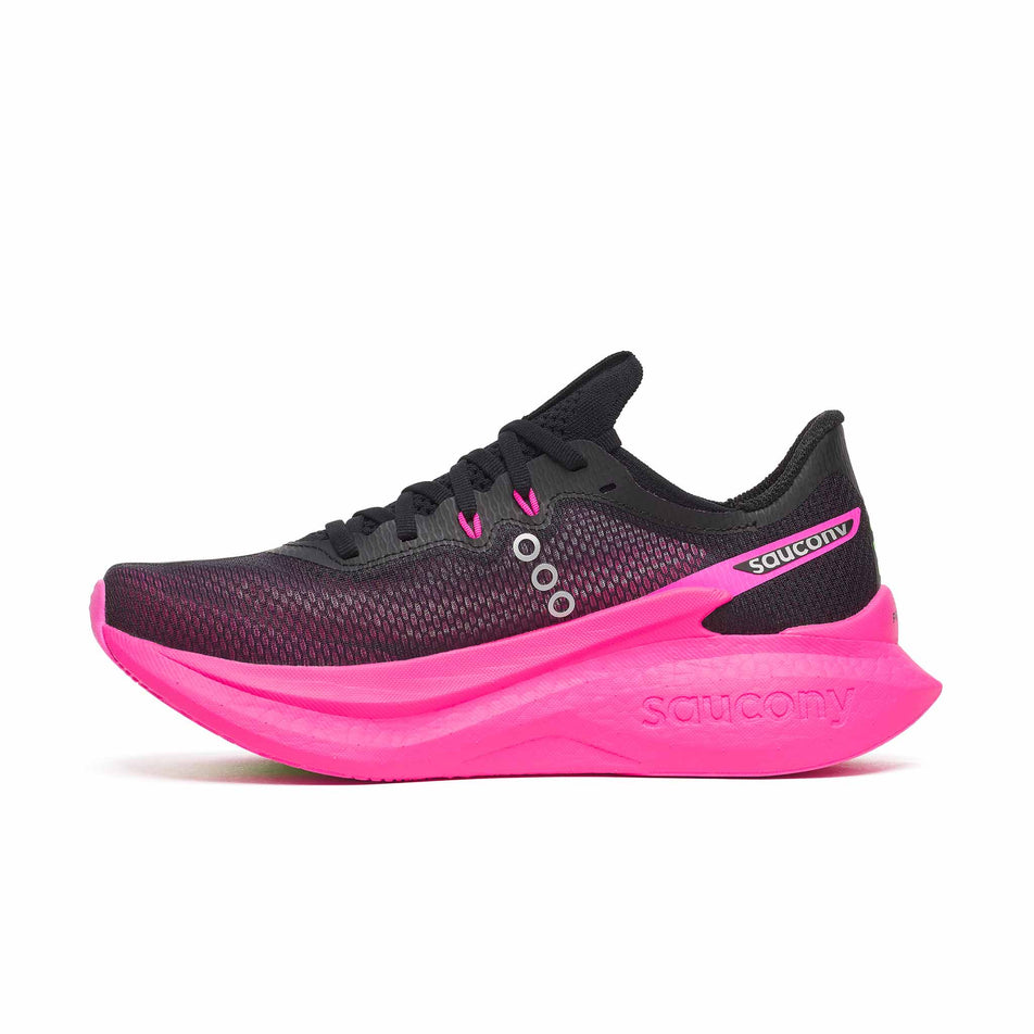 Medial view of the right shoe from a pair of Saucony Women's Endorphin Pro 5 Running Shoes in the Black/Shock colourway.