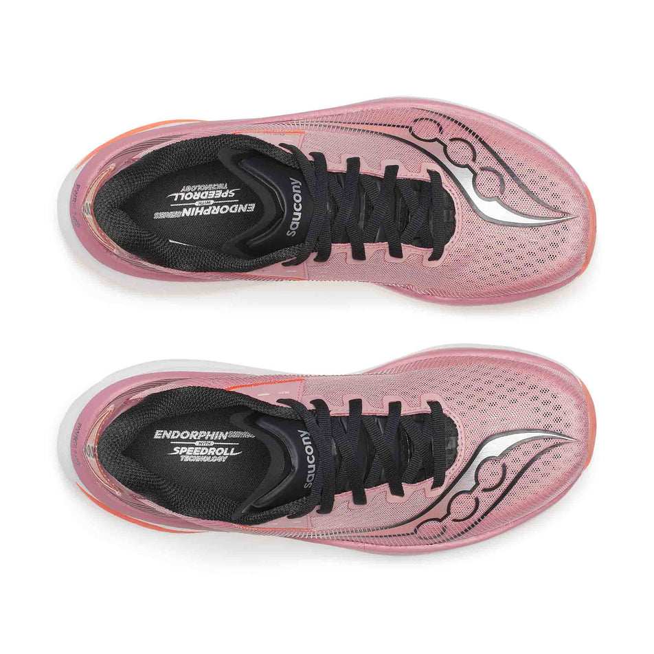 The uppers of a pair of Saucony Women's Endorphin Azura Running Shoes in the Mauve colourway.