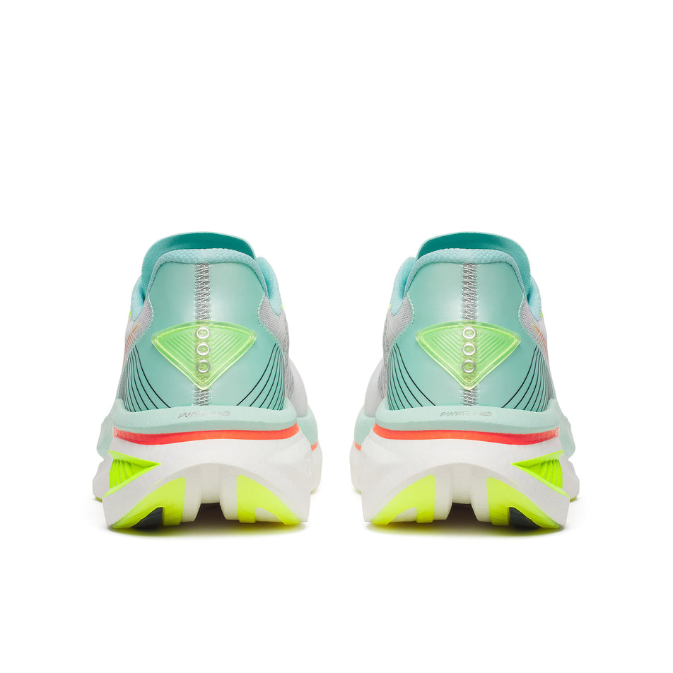 The back of a pair of Saucony Women's Endorphin Azura Running Shoes in the White/Splash colourway.