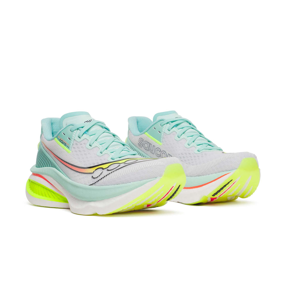 A pair of Saucony Women's Endorphin Azura Running Shoes in the White/Splash colourway.