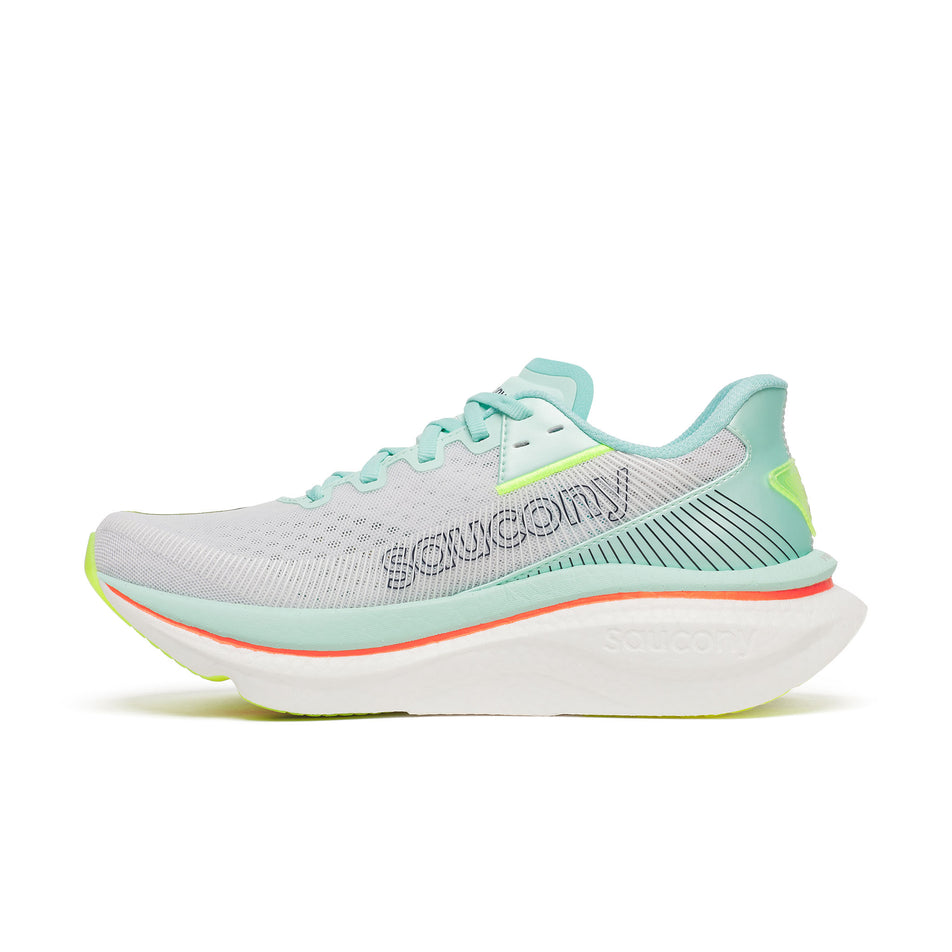 Medial view of the right shoe from a pair of Saucony Women's Endorphin Azura Running Shoes in the White/Splash colourway.