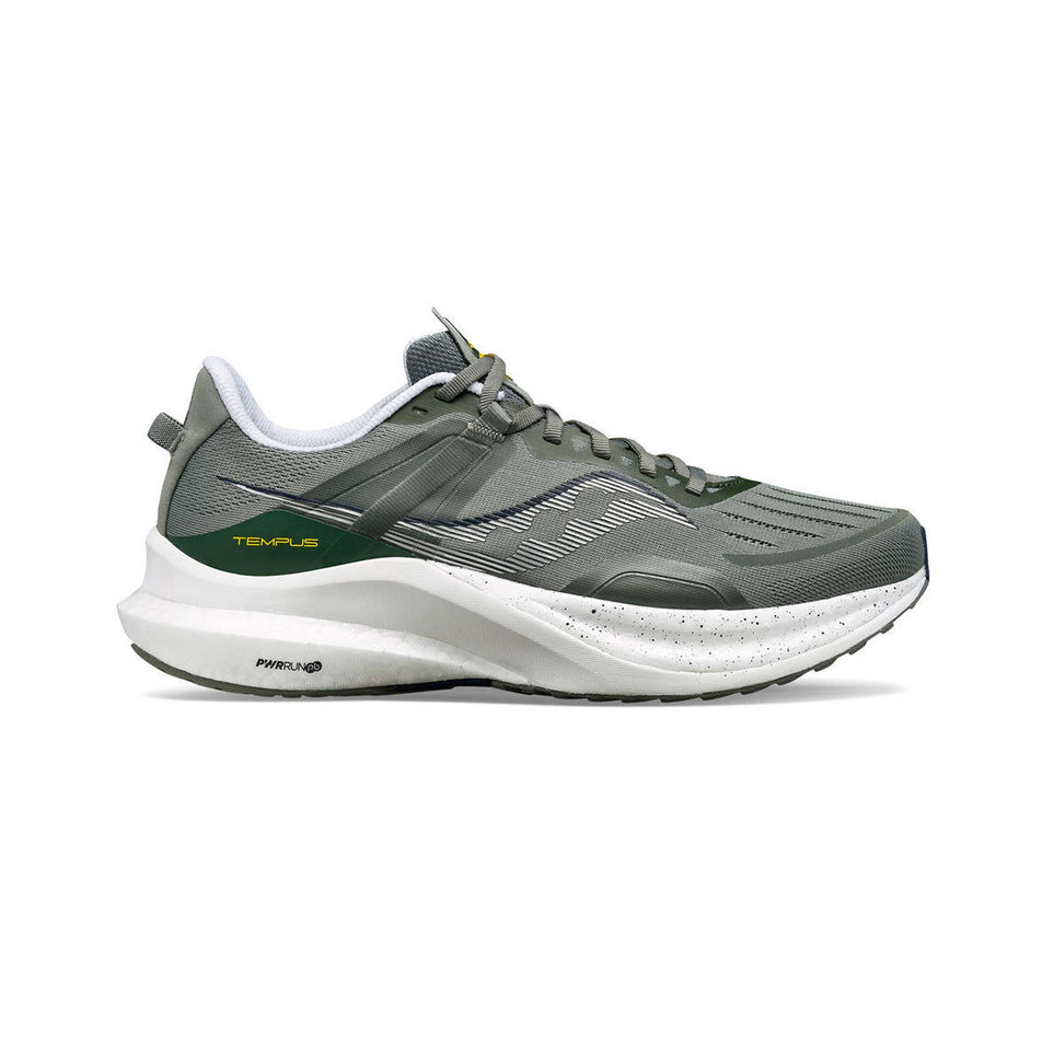 Lateral side of the right shoe from a pair of Saucony Men's Tempus Running Shoes in the Bough/White colourway (8164405215394)