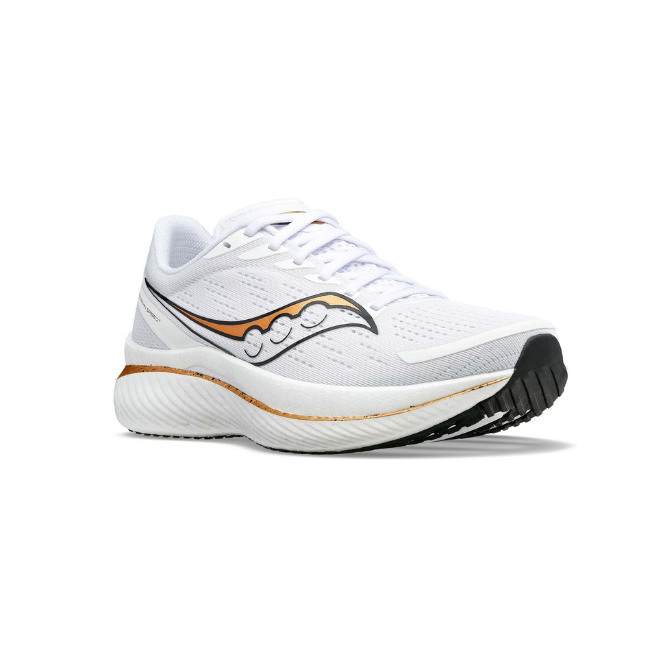 Lateral side of the right shoe from a pair of Saucony Men's Endorphin Speed 3 Running Shoes in the White/Gold colourway (7996715991202)