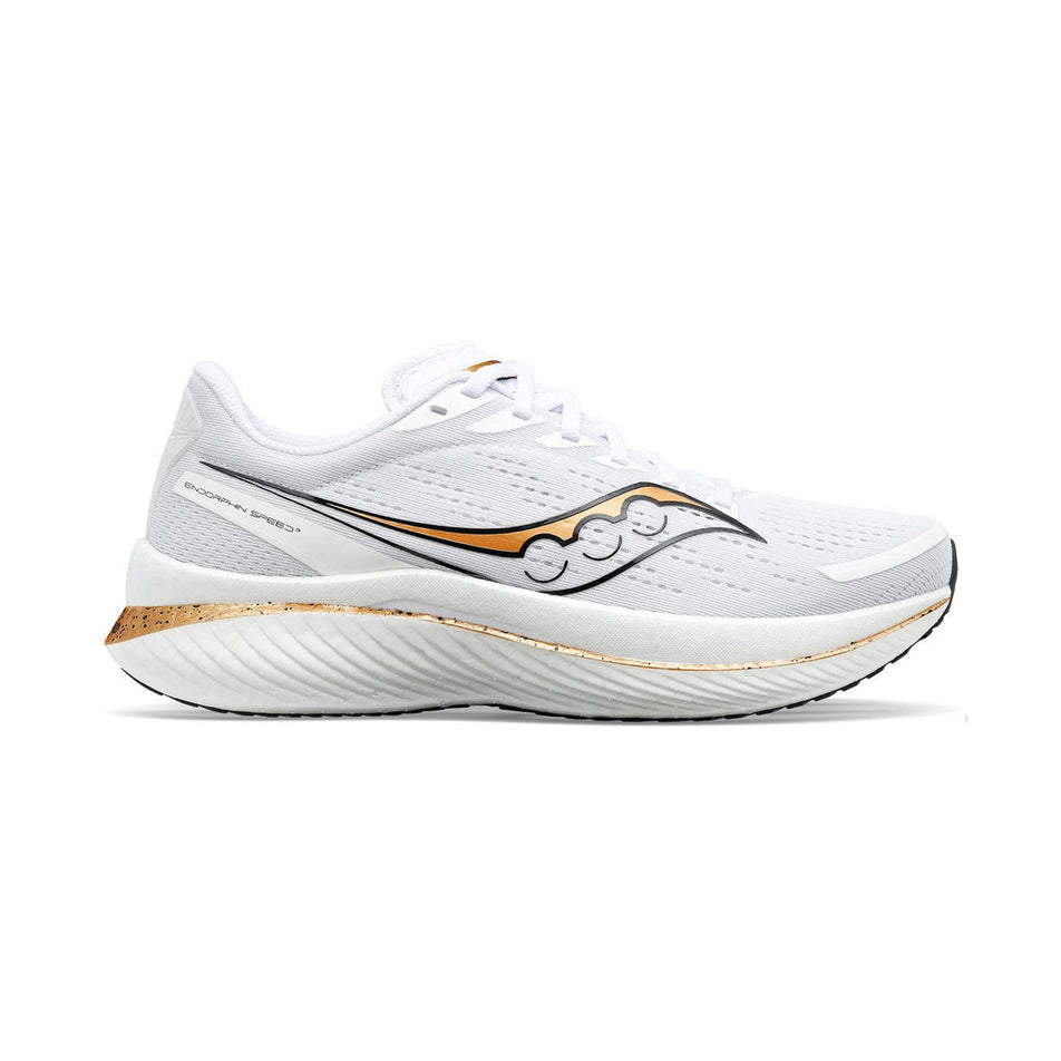 Lateral side of the right shoe from a pair of Saucony Men's Endorphin Speed 3 Running Shoes in the White/Gold colourway (7996715991202)