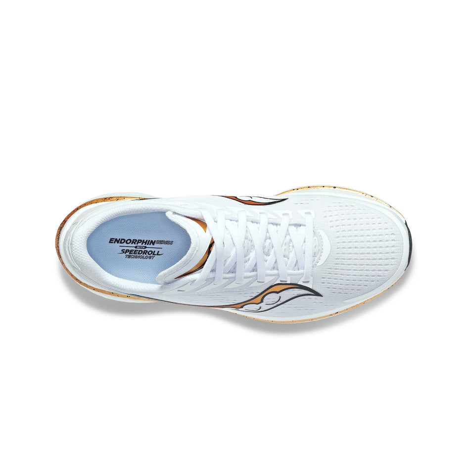 The upper of the right shoe from a pair of Saucony Men's Endorphin Speed 3 Running Shoes in the White/Gold colourway (7996715991202)