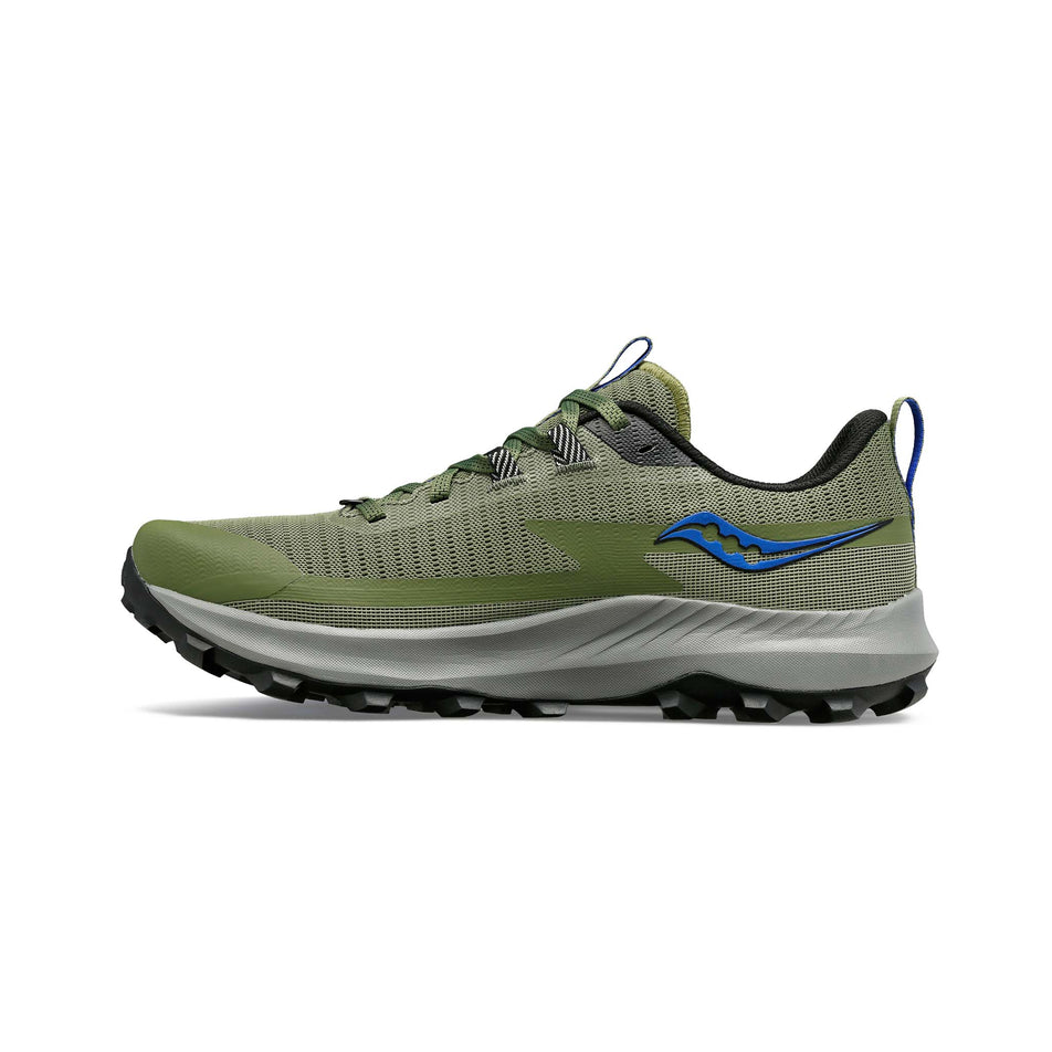 Medial side of the right shoe from a pair of Saucony Men's Peregrine 13 Running Shoes in the Glade/Black colourway (7996806234274)