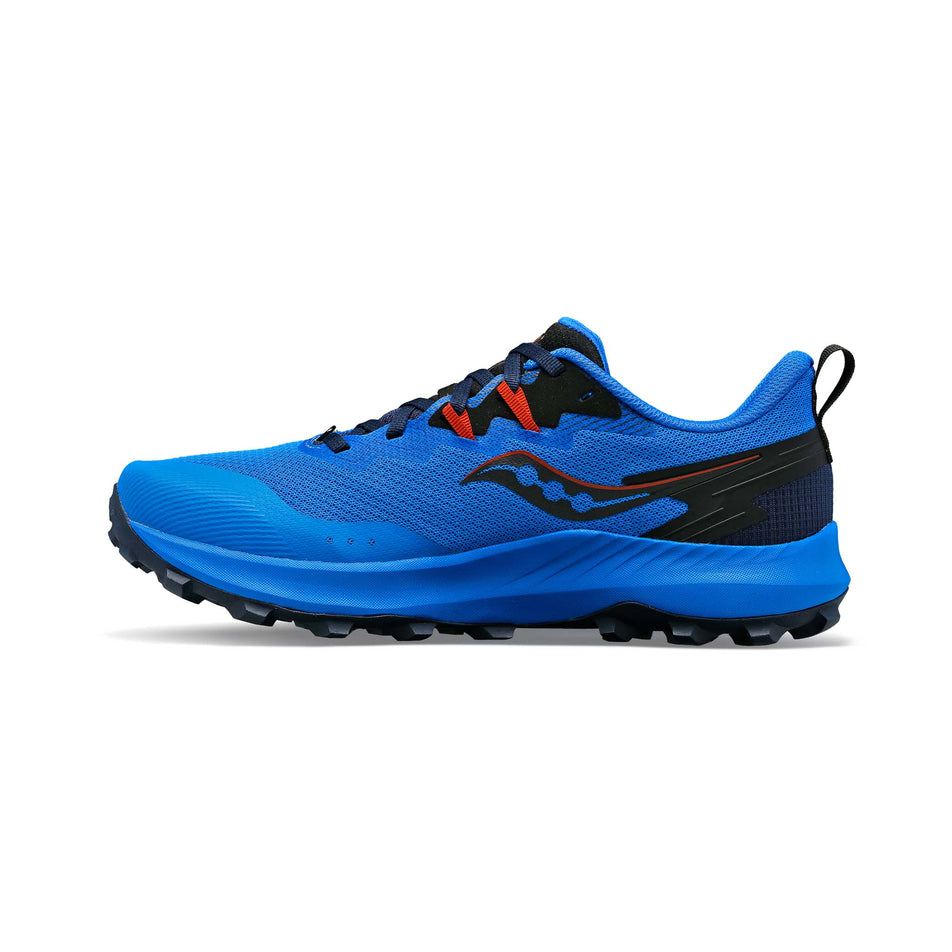 Medial side of the right shoe from a pair of Saucony Men's Peregrine 14 Running Shoes in the Cobalt/Navy colourway (8164411244706)
