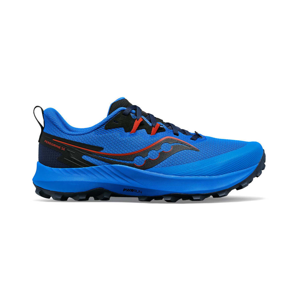 Lateral side of the right shoe from a pair of Saucony Men's Peregrine 14 Running Shoes in the Cobalt/Navy colourway (8164411244706)