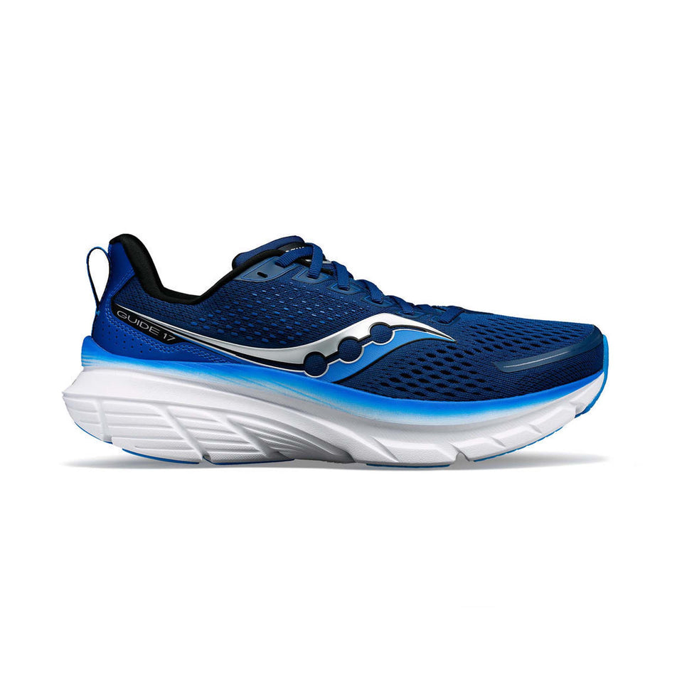 Lateral side of the right shoe from a pair of Saucony Men's Guide 17 Running Shoes in the Navy/Cobalt colourway (8144929751202)