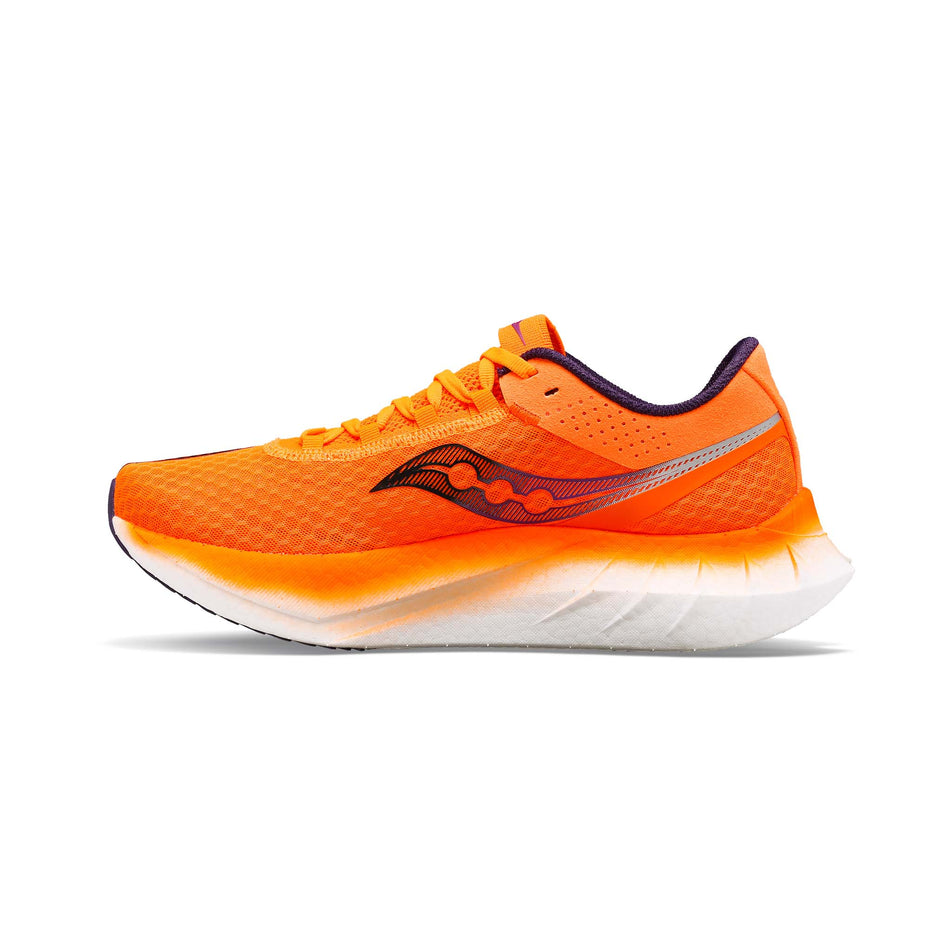 Medial side of the right shoe from a pair of Saucony Men's Endorphin Pro 4 Running Shoes in the Viziorange colourway (8164391878818)