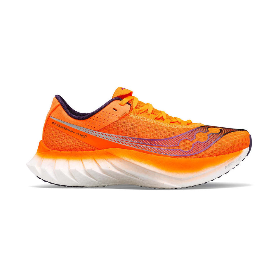 Lateral side of the right shoe from a pair of Saucony Men's Endorphin Pro 4 Running Shoes in the Viziorange colourway (8164391878818)