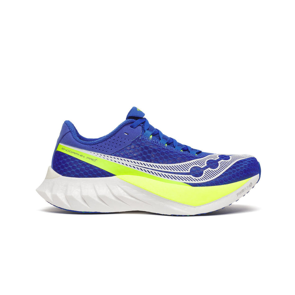 Lateral view of the right shoe from a pair of Saucony Men's Endorphin Pro 4 Running Shoes in the Lapis/Citron colourway. (8654179827874)