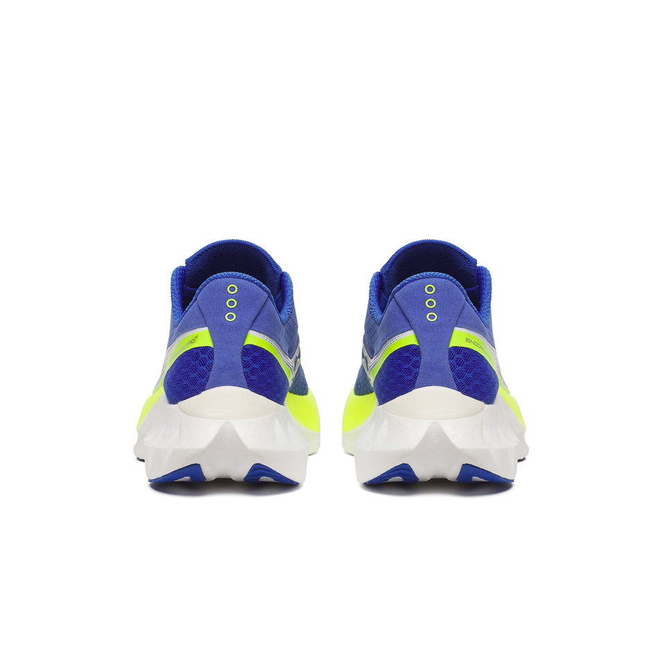 The back of a pair of Saucony Men's Endorphin Pro 4 Running Shoes in the Lapis/Citron colourway. (8654179827874)