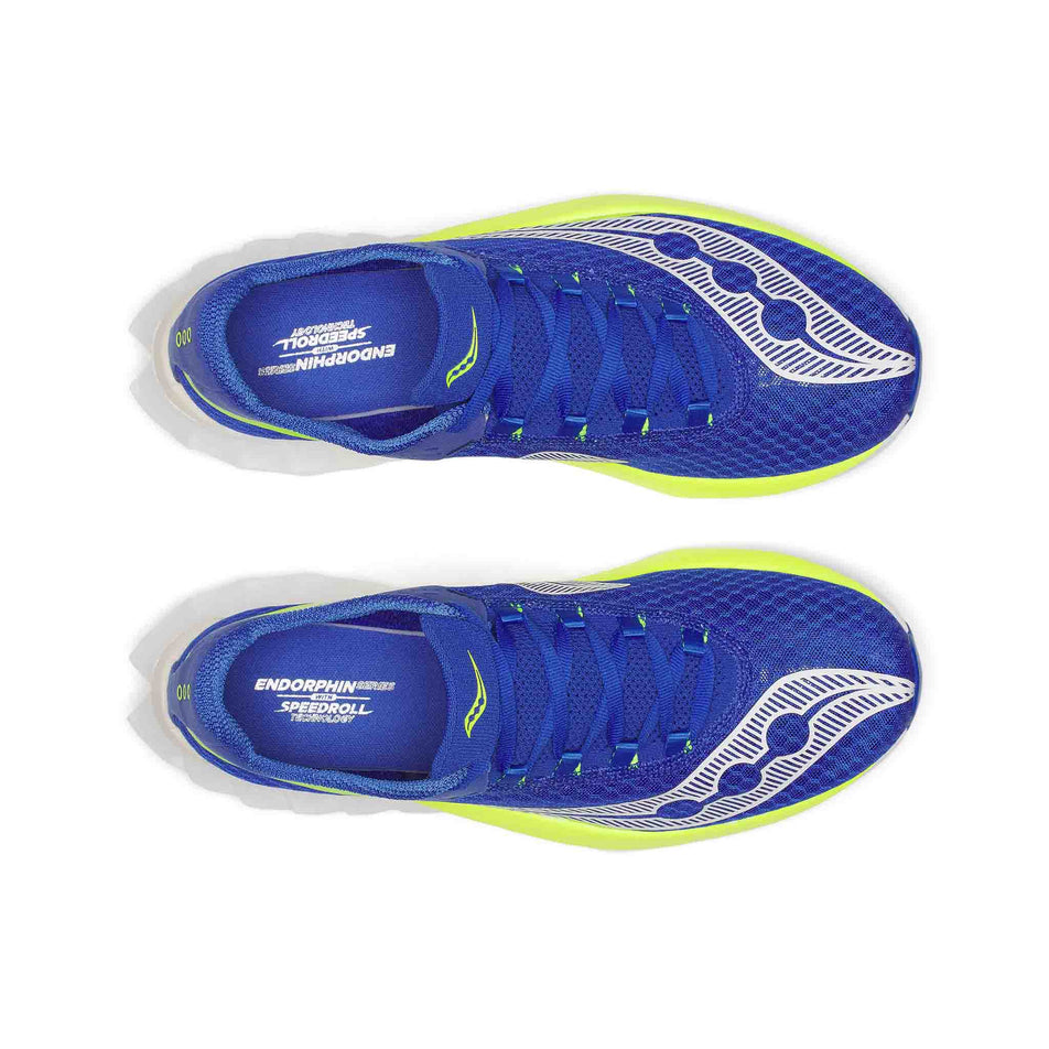 The uppers of a pair of Saucony Men's Endorphin Pro 4 Running Shoes in the Lapis/Citron colourway. (8654179827874)