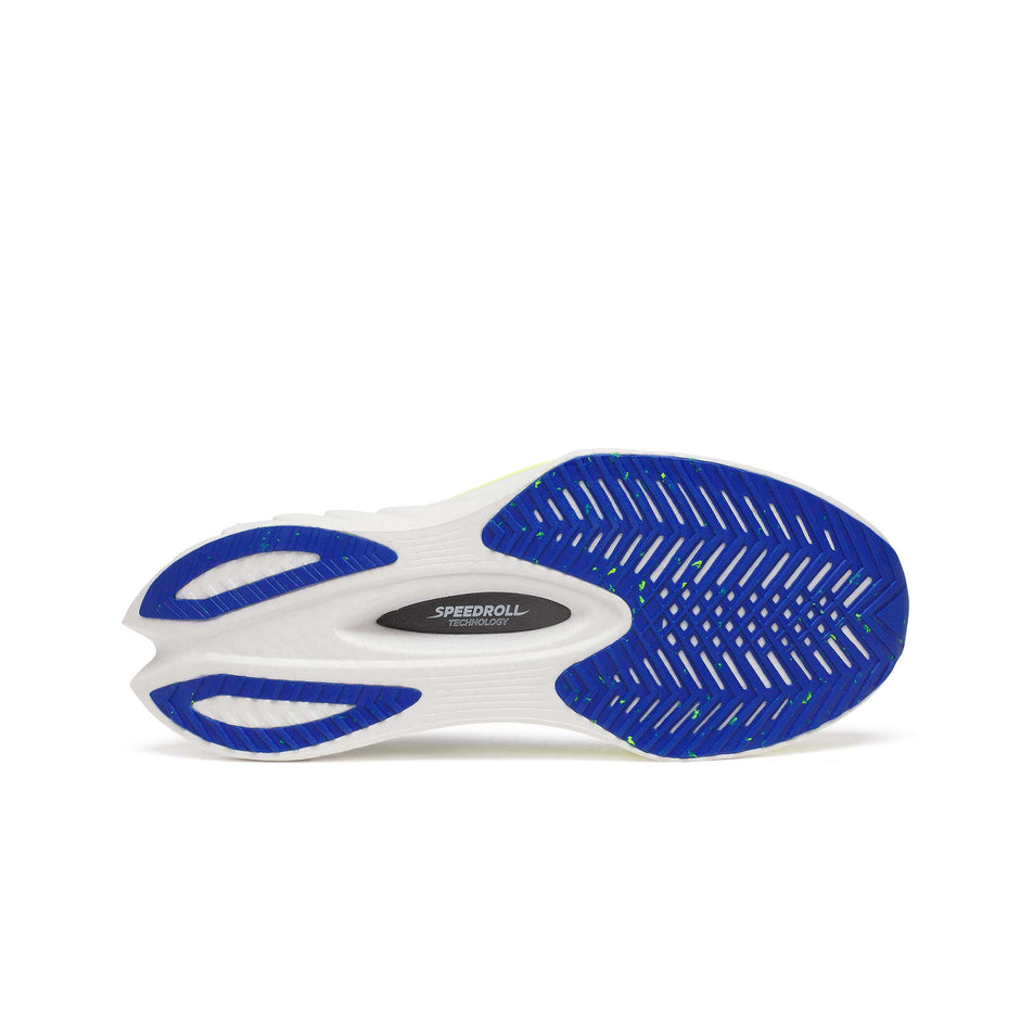The outsole of the right shoe from a pair of Saucony Men's Endorphin Pro 4 Running Shoes in the Lapis/Citron colourway. (8654179827874)