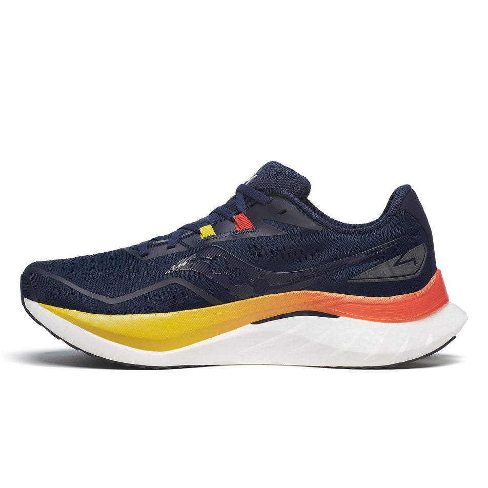 Medial side of the right shoe from a pair of Saucony Men's Endorphin Speed 4 Running Shoes in the Navy/Spice colourway (8401762189474)