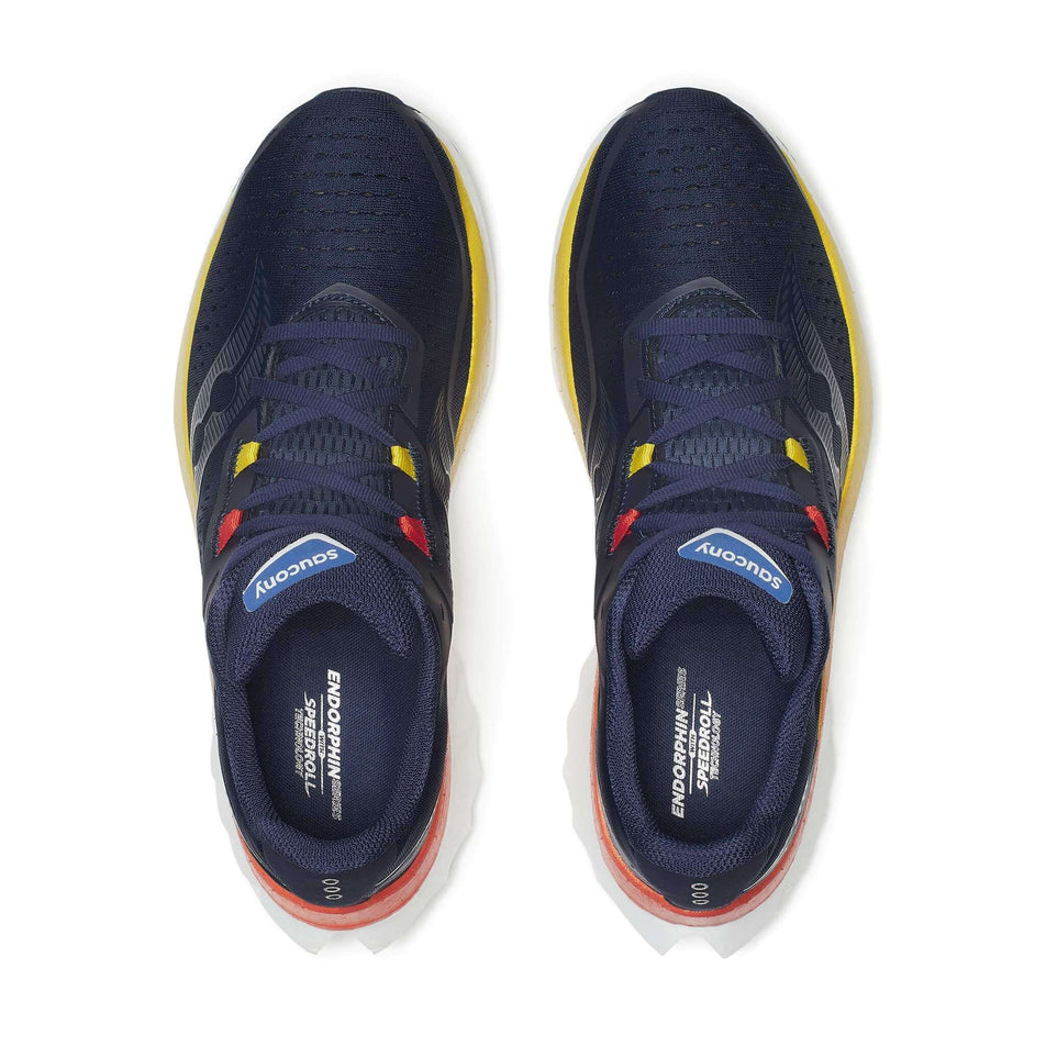 The uppers on a pair of Saucony Men's Endorphin Speed 4 Running Shoes in the Navy/Spice colourway (8401762189474)
