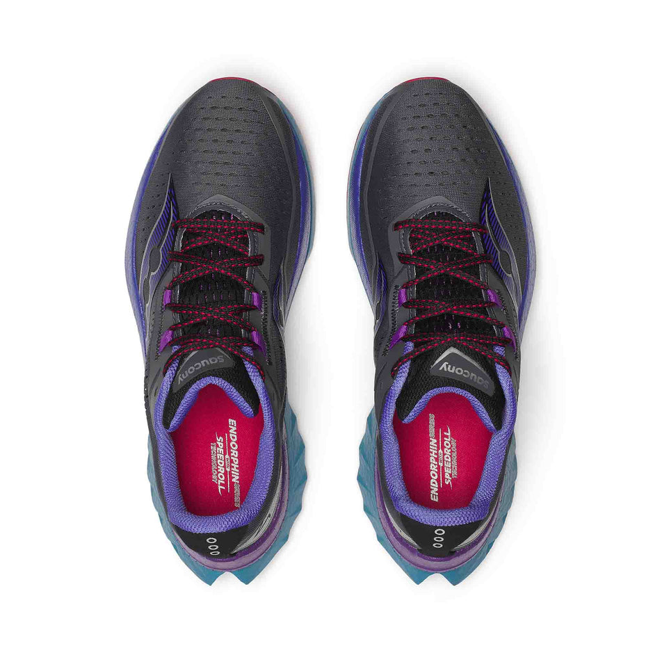The uppers on a pair of Saucony Men's Endorphin Speed 4 Running Shoes in the Shadow colourway. (8561708597410)
