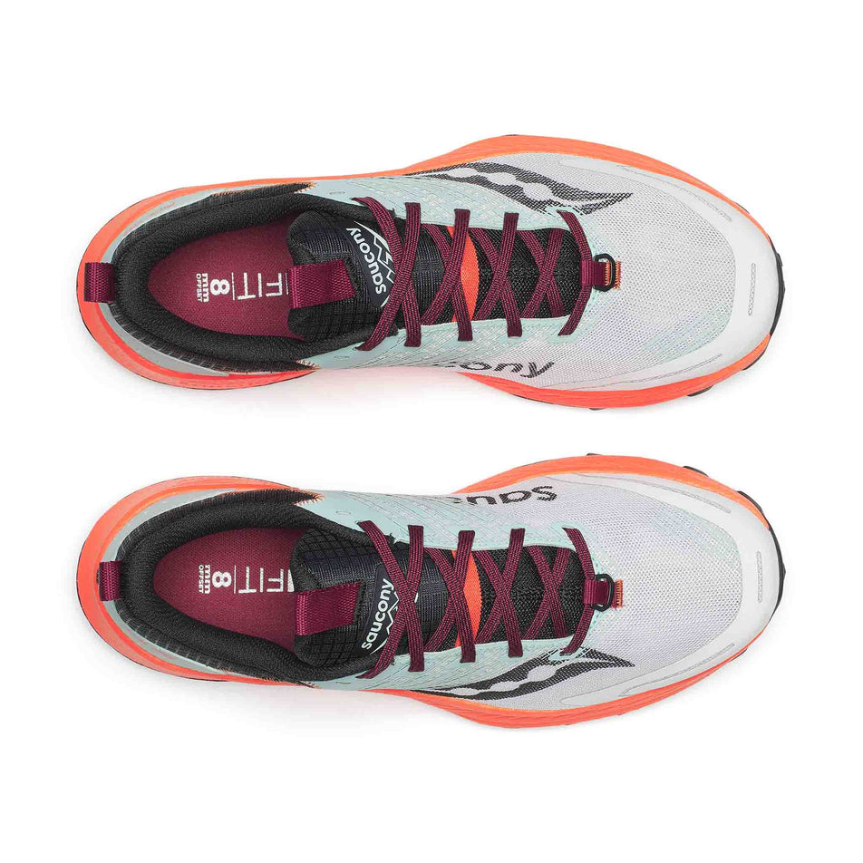The uppers of a pair of Saucony Men's Ride TR2 Running Shoes in the White/Fire colourway.
