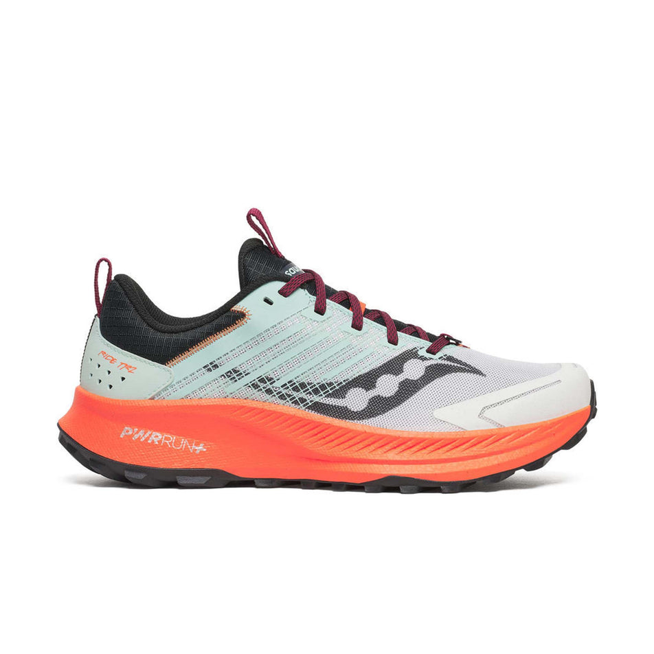 Lateral view of the right shoe from a pair of Saucony Men's Ride TR2 Running Shoes in the White/Fire colourway.