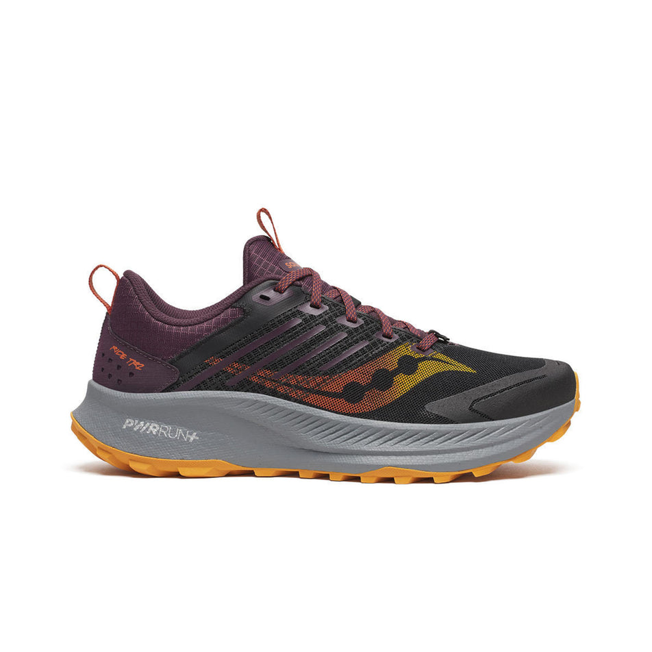 Lateral view of the right shoe from a pair of Saucony Men's Ride TR2 Running Shoes in the Black/Autumn colourway. (8654958919842)