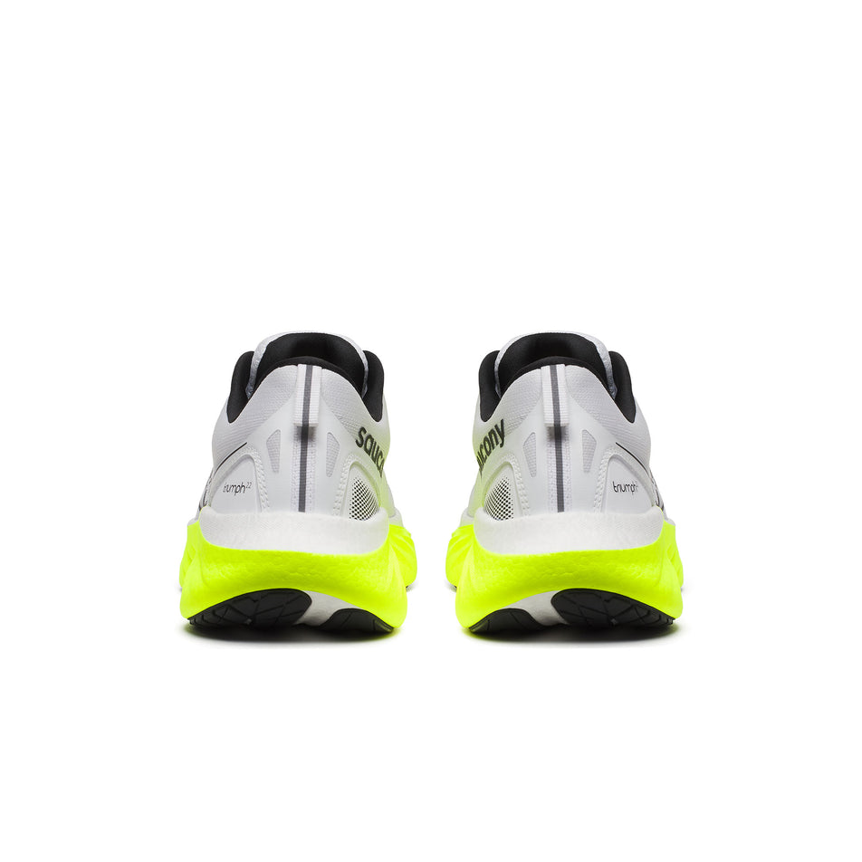 The back a pair of Saucony Men's Triumph 22 Running Shoes in the White/Citron colourway. (8559398420642)