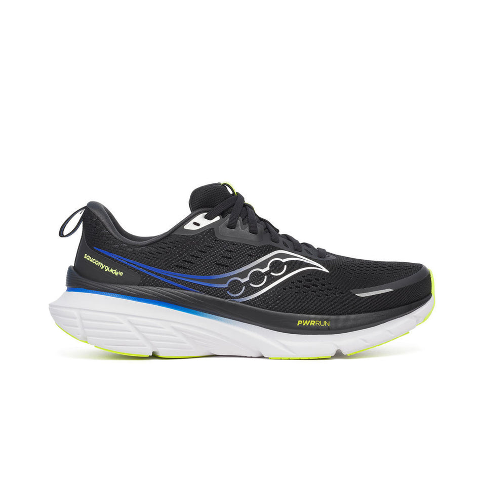 Lateral view of the right shoe from a pair of Saucony Men's Guide 18 Running Shoes in the Black/Lapis colourway. (8654949941410)