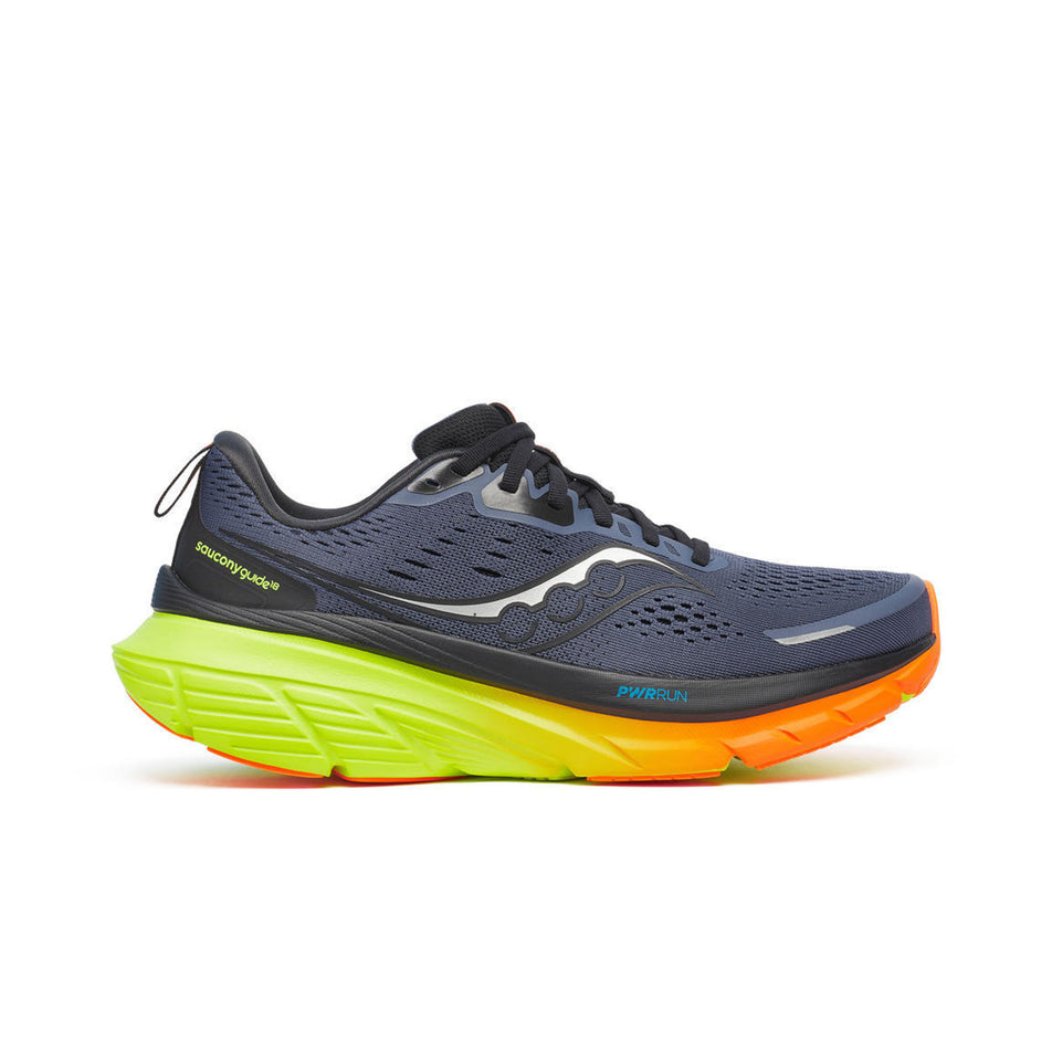 Lateral view of the right shoe from a pair of Saucony Men's Guide 18 Running Shoes in the Shadow/Vizi colourway. (8654953906338)