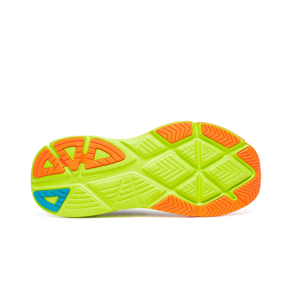 The outsole of the right shoe from a pair of Saucony Men's Guide 18 Running Shoes in the Shadow/Vizi colourway. (8654953906338)