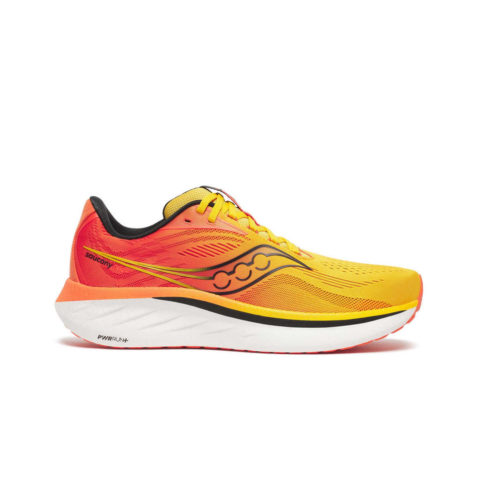 Lateral side of the right shoe from a pair of Saucony Men's Ride 18 Running Shoes in the Pollen/Pepper colourway. (8561712038050)