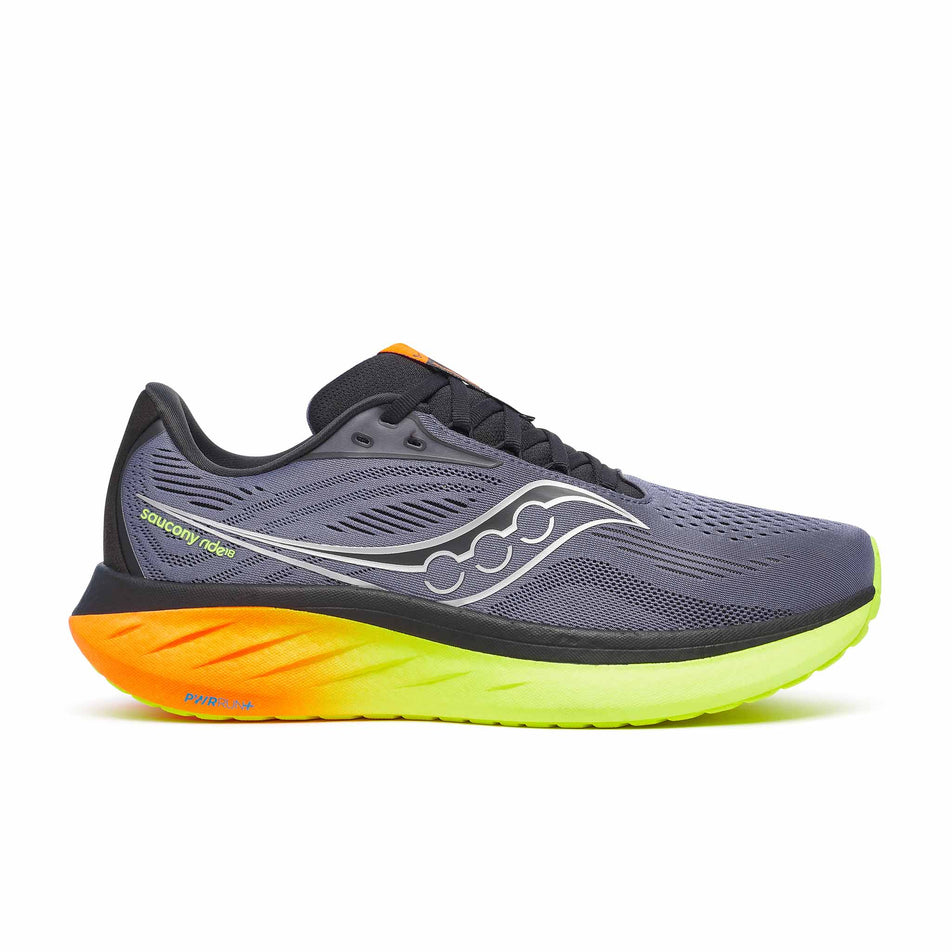 Lateral view of the right shoe from a pair of Saucony Men's Ride 18 Running Shoes in the Shadow/Vizi colourway. (8654251720866)